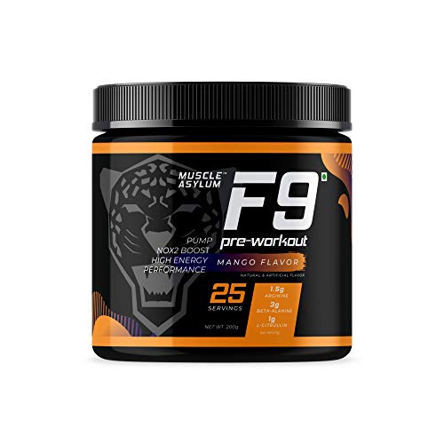 Image of Muscle Asylum F9 Pre-Workout - 25 Servings, 200gm (Mango Flavor) | Boosts Energy & Endurance | Improves Focus