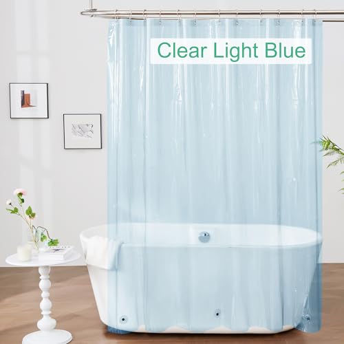 Image of Mrs Awesome Clear Blue Shower Curtain Liner with 3 Magnets, 72x72 Premium Flexible Sturdy Plastic Shower Curtain for Bathroom Lightweight & Waterproof, Clear Blue