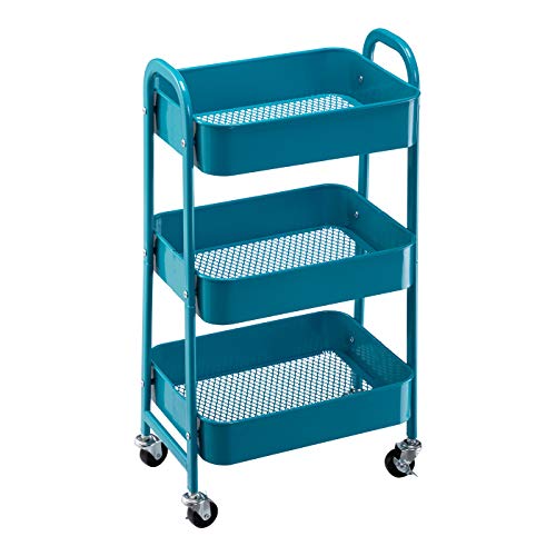 Image of AGTEK Makeup Rolling Cart, 3 Tier Movable Rolling Organizer Storage Trolley Metal Utility Cart, Peacock Blue