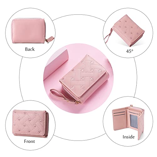 Cute Floral Wallet for Women, Compact Trifold Ladies Purse Card Holder with ID Window, Coin Change Keys Zipper Pocket for Female Teen Girls Students (Pink)2