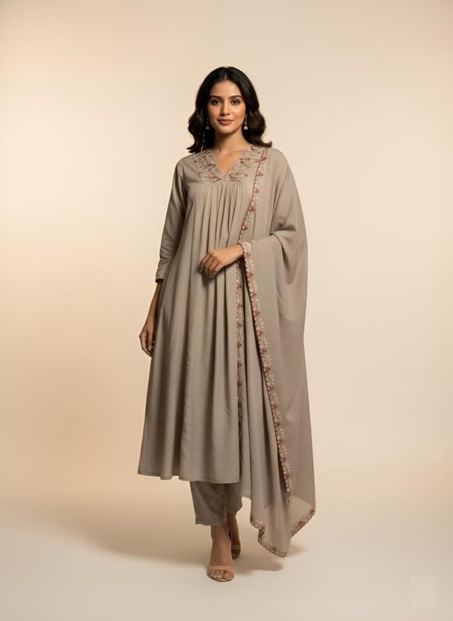 Ensemble Kurta droit brodé en rayonne de qualité supérieure avec Dupatta - 4