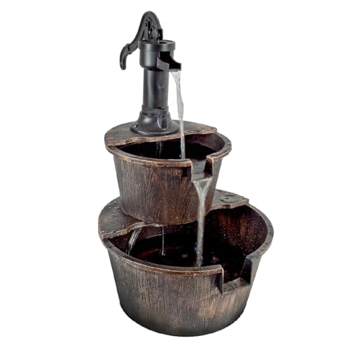 GardenKraft Rustic 2 Tier Garden Water Fountain Barrel Style Outdoor Water Feature with Built-In Pump Weatherproof Finish Mains Powered 67 x 41 cm