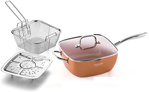 All in One Pan 9.5 Inch Copper Nonstick Square Deep Fry Pan with Chip Frying Basket Steamer Rack and Glass Lid Induction Nonstick Copper Frying Pan For Oven Roast Bake Grill Steam and Braise 4PC(New)