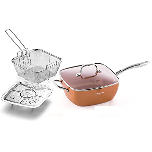All In One Pan 9.5 Inch Copper Nonstick Square Deep Fry Pan With Chip Frying Basket Steamer Rack And Glass Lid Induction Nonstick Copper Frying Pan For Oven Roast Bake Grill Steam And Braise 4Pc(New) #TOP1