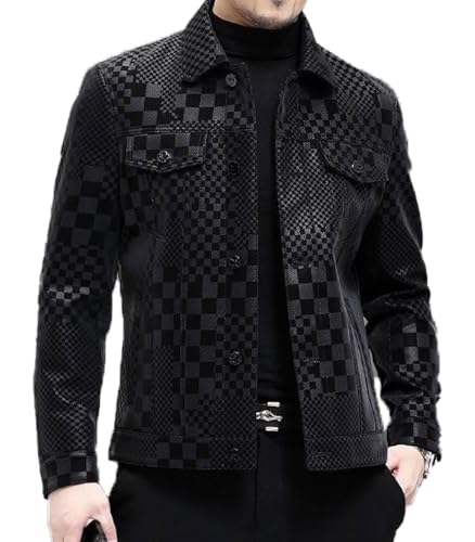 FTIMILD Mens Checkboard Faux Leather Jacket Lightweight Buttoned Jacket with Multiple Practical Pockets3