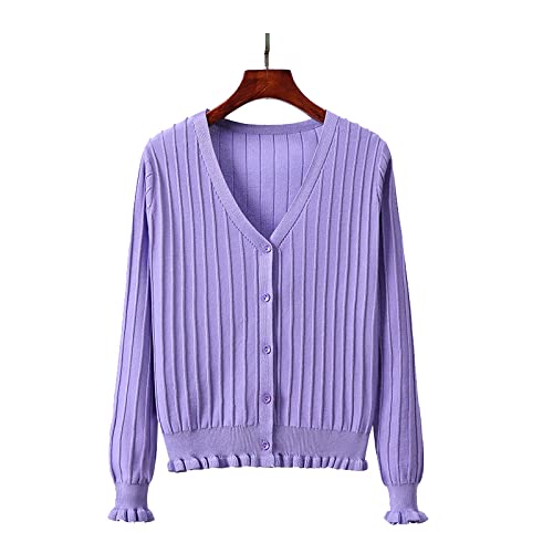 MIYAA Damen Dünne Strickjacken Pullover Einfarbig Gestreifte Strickjacke Rüschen Langarm V-Ausschnitt Vorne offen Knopf Strick Oberbekleidung Damen Top Coat,Lila,Einheitsgröße Cover