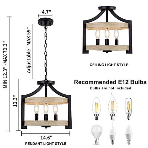 Farmhouse Ceiling Hanging Kitchen Light Fixtures 3 Light Rustic Chandelier Semi Flush Mount Ceiling Light Black Metal Pendant Lighting For Dining Room Hallway Entryway Foyer E12 #TOP2