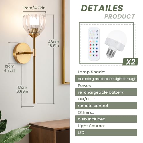 Image of Vintage Battery Operated Wall Sconce Set of 2,Rechargeable Wall Lights with RGB Dimmable Detachable Bulbs and Remote,LED Wireless Wall Lamps for Bedroom Living Room Hallway