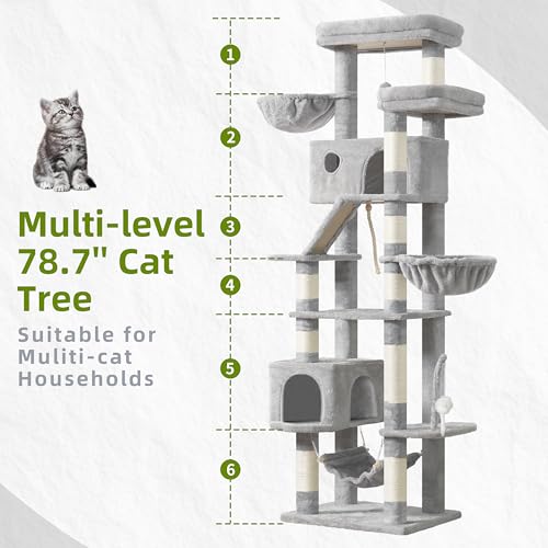 Image of Gitelsnour Tall Cat Tree Tower for for Multiple Cats, Large Condo, GCT031W | 78.7 inch(200cm) Multi-level Scratching Post for Indoor Large Adult, 2 Condo, 4 Platforms, 3 Hammock, Sisal Rope, Toys Light Gray