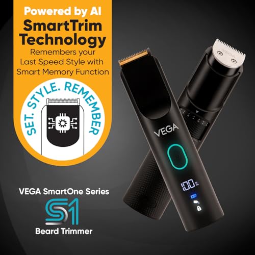 Image of Vega SmartOne S1 Beard Trimmer for Men with AI SmartTrim Technology Titanium Blade, Digital Display, 120 mins Runtime, USB Type C, IPX7 Waterproof & 40 Length Settings, 3 Unique Speed Mode (VHTH-30)