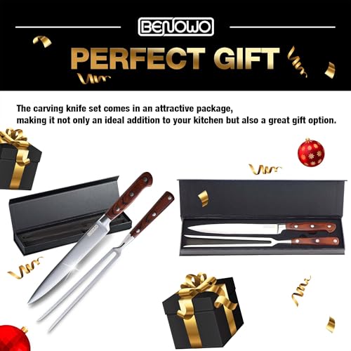 Benowo Carving Knife Set 2-Piece, 8-inch Turkey Carving Knife and Fork Set Stainless Steel Kitchen Knife for Steak, Hibachi Knife and Fork, BBQ Carving Fork with Gift Box – Designed in USA by Benowo - Image 7