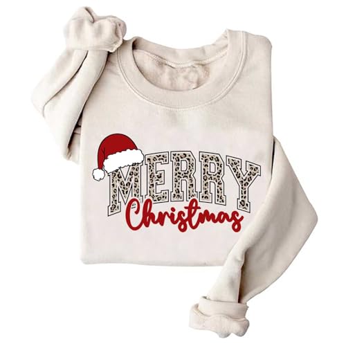 Image of TONGCHEN Merry Christmas Sweatshirt for Women Santa Hat Leopard Christmas Sweatshirts Holiday Pullover (US, Alpha, Medium, Regular, Regular, Khaki)