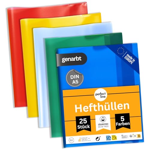 perfect line - 25 Hefthüllen DIN A5 5 Farben - Heftumschlag transparent genarbt - Heftschoner aus recyclebarem PP Dokumentenecht