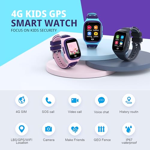 Image of 4G Kids Smart Watch with GPS Tracker Video Voice Calling Text Chat SOS Call, Waterproof Smartwatch Age 5-12, Wallpaper Store School Model Camera Pedometer Games Alarm Clock Stopwatch for Kids(Blue)