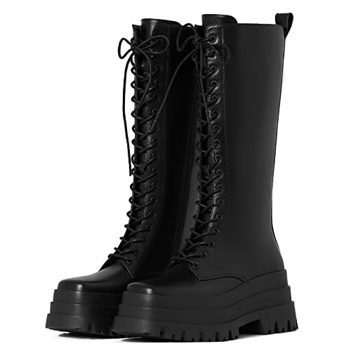 Sarairis Women's Platform Boots Knee High Boots Wedge Heel Square Toe Black Boots Lace Up Punk Mid Calf Boots For Women #TOP14