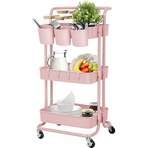 LEZIOA 3 Tier Rolling Cart, Ajustable Art Craft Cart Organizer on Wheels, Metal Utility Storage Cart with Handle for Kitchen Bathroom, Mobile Multifunctional Salon Trolley Makeup Cart, Easy Assembly Cover