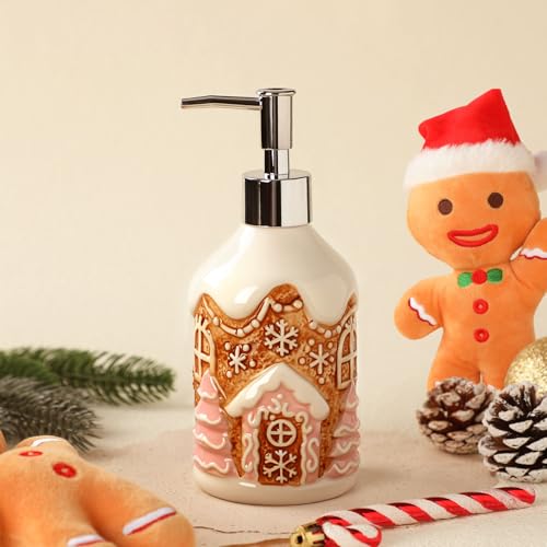 Potchen Christmas in July Decoration Gingerbread House Soap Dispenser Summer Christmas Liquid Pump Ceramic Bath Accessories Bathroom Decor Holiday Collection Gingerbread House Shaped Festive Touch