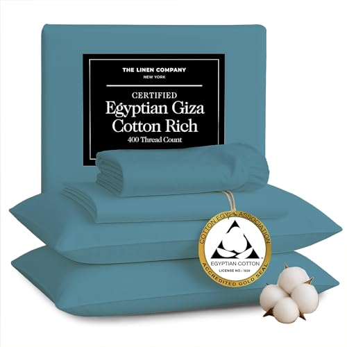 THE LINEN COMPANY NEW YORK Certified Egyptian Cotton Sheets Queen Size Set Optimally Blended with Long Staple Cotton - Silky-Soft Luxury Sateen Sheets - Wrinkle-Resistant, Skin Friendly & Breathable