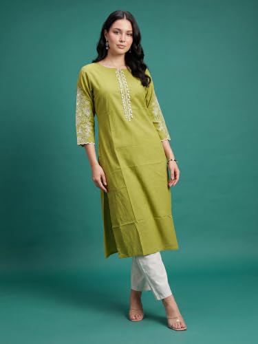 Image of INDO ERA Women's Cotton Straight Fit Floral Embroidered Kurta (KT0GN9776)