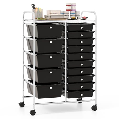 Giantex 15 Drawer Rolling Storage Cart Tools Scrapbook Paper Office School Organizer, Black