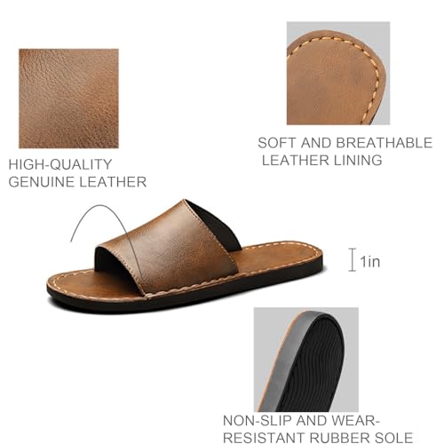 Men'S Genuine Leather Flat Slides Sandals Fashion Round Open Toe Slip On Soft Bottom Men Beach Sandals Summer Beach Parties Prom Leisure Slippers2