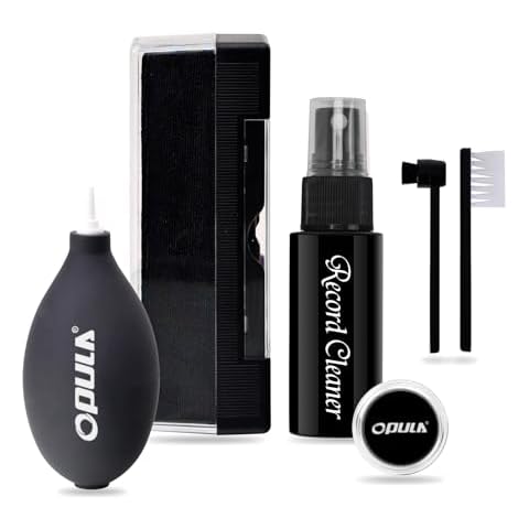 Vinyl Record Cleaning Kit - OPULA 6PCS Vinyl Records Cleaner Kit for Records Albums - Soft Velvet Record Brush, Air Blower, Stylus Gel, Cleaning Liquid, Stylus Brush, Brush for Velvet Cover