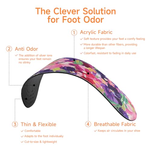 Image of 3 Pair Womens No Show Socks Anti-Odor Sockless Shoe Insert Size 6-9 | Thin Shoe Insoles,Breathable,Comfort Barefoot Shoe Liner,Machine Washable,Moisture Control,Cute,Everyday Insole,Floral Print