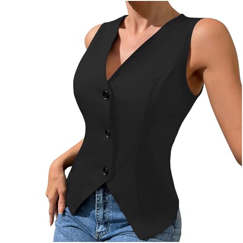 Womens Blazer Vest V Neck Sleeveless Button down Vest Work Casual Fitted Waistcoat Trendy Suit Tops Summer Dressy Tops