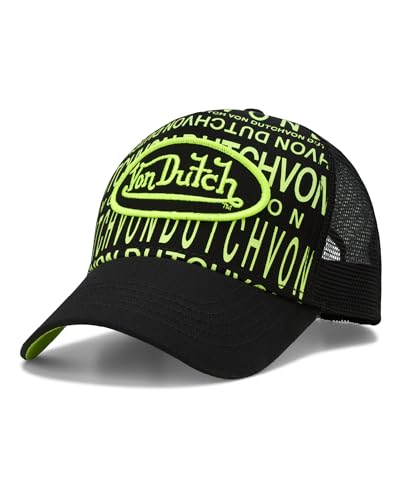 Von Dutch Monogram Trucker Cap - Retro Snapback Cap for Men and Women - Adjustable Snap Fit Panel, Mesh Rear, Curved Bill, Size One Size, Black/Neptune Green