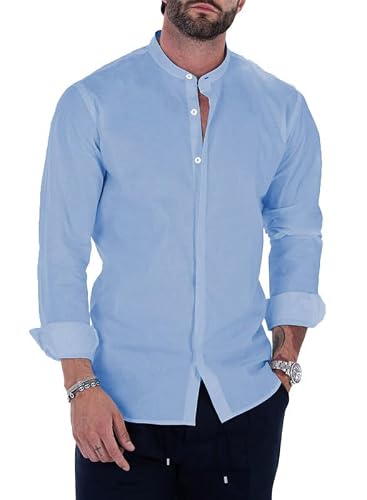 JMIERR Men's Banded Collar Slim Fit Long Sleeve Casual Button Down Dress Shirts, 3XL, Sky Blue