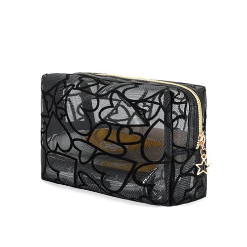 Image of Square Mesh Makeup Bag Flocking Heart Printed, Portable Travel Mesh Cosmetic Bags Toiletry Bags Makeup Purse Bags Five-pointed star zipper pull Storage Pouches, for Home Travel Accessories