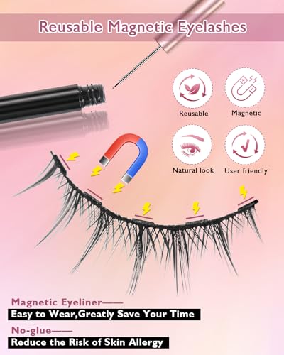 Image of Batfield 3 Pairs Magnetic False Eyelashes - Reusable Fake Eyelashes with Eyeliner and Tweezer - Artificial Eye Lashes for Women Natural Wispy(Style 8)