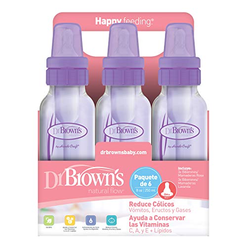 Dr. Brown's Girls' 6 Pack 8 Oz. Bottles - 3 (8 Oz.) Lavender - 3 (8 Oz.) Pink - Natural Flow #TOP4