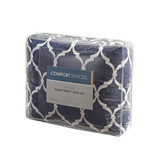 Comfort Spaces Plush To Sherpa Electric Blanket Shawl Shoulder, Neck Wrap With Matching Sock Set Giftable Ultra Soft, Warm, Snuggle Fleece-Reversible Heated Poncho Throw, 50" W X 64" L, Ogee Navy #TOP7