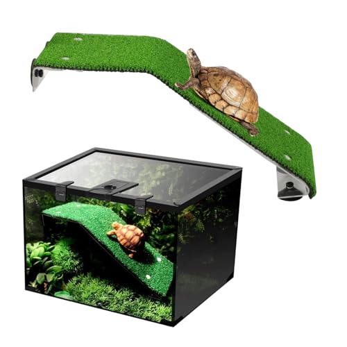 Haokaini Plataforma para tomar o sol de tartaruga escada de campanha com ventosas água do tanque de peixes relva verde realista terraço de descanso subido mola de descanso para