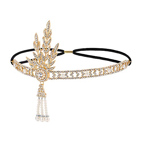 EVER FAITH Art Deco Haarband Party Deco 1920er Jahre Flapper Stirnband Great Gatsby inspiriert Blatt Perle Kopfbedeckung Haarband Armband Ring Set Gold-Ton