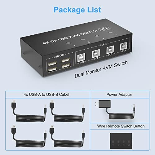 4 Port KVM Switch Dual Monitor Displayport 4K 60Hz, KVM Switch 2 monitors 4 computers with 4 USB 2.0 Hub, Dual Monitor Displayport KVM Switch Keyboard Mouse Switcher