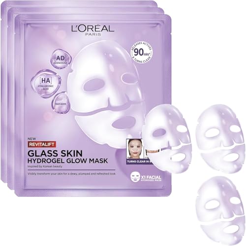 L'Oréal Paris - Masque Visage Hydrogel Éclat, Hydratation Intense, Effet Repulpant à l'Acide Hyaluronique, Inspiré de la Beauté Coréenne - Lot de 3 - Revitalift Filler Glass Skin
