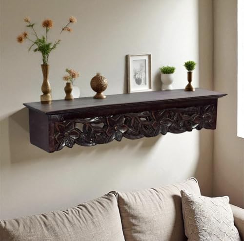 woodsome Handcrafted Wooden Wall Hanging Shelf 24 Inch | Decorative Carved Wall Shelf for Living Room, Bedroom & Office | Antique Finish Wooden Display Rack