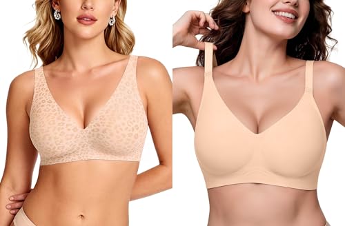 OEAK Womens Deep V Comfortable Bras Leopard Skin Color XS+Wireless Jelly Bra Skin Sand Color 32A