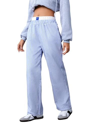 OYOANGLE Women's Striped Print Letter Patch Elastic Waist Long Pants Straight Leg Loose Casual Trousers