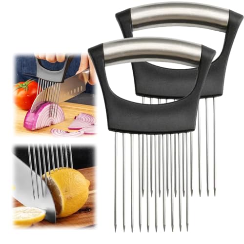 Soporte de acero inoxidable para rebanadas de cebolla, cortador de verduras, cortador de verduras, herramienta auxiliar para carne, cebolla, patata, tomate, herramientas de cocina para el hogar (2
