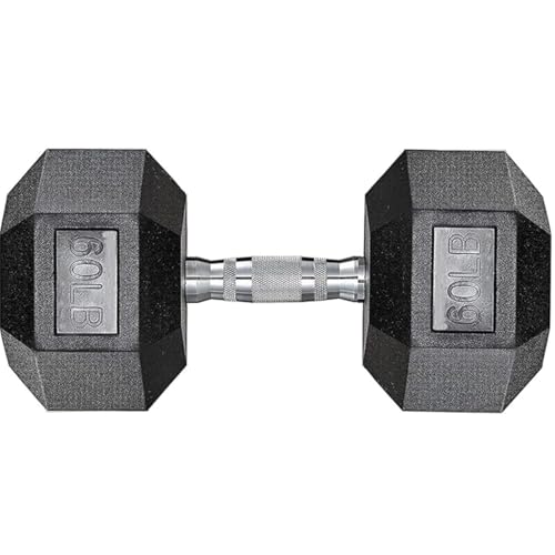 LIFERUN Dumbbells Rubber Coated Cast Iron Hex Black Dumbbell Free Weights Dumbbell, 60lb Single