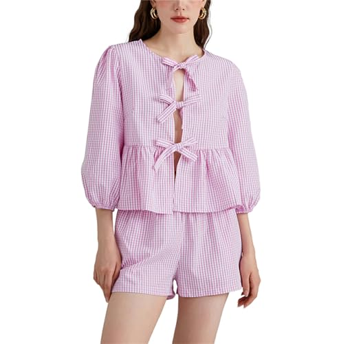 Image of Yuemengxuan Women Y2k Two Piece Plaid Lounge Sets Puff Sleeve Tie front Blouse Top High Waist Shorts Casual Pajamas Sets