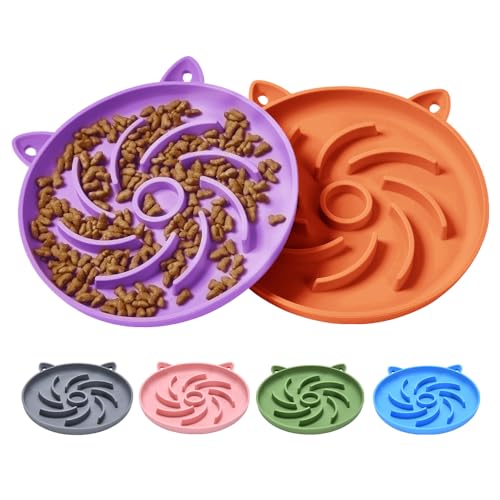 2Pcs Slow Feeder Cat Bowl,Puzzle Feeder,Interactive Toys,Slow Feeding cat Bowl Suitable for All Dry and Wet Foods,Easy to Clean Silicone Bowls (Orange and Purple)