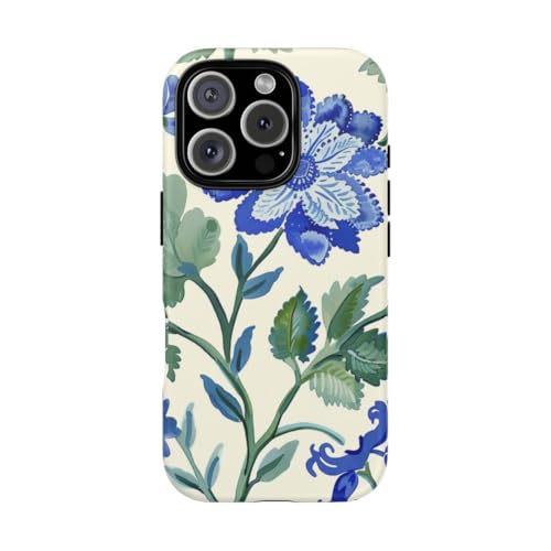 Coque rigide mate compatible iPhone 16 Pro motif aquarelle floral bleu