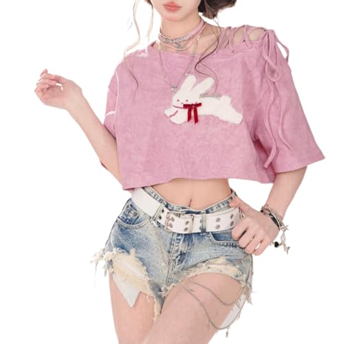 Y2k Sweet Cool Bunny Embroidered Short-sleeved Pink T-shirt