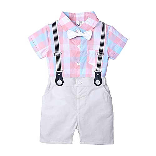 Summer Toddler Baptism Outfits for Boys Baby Dedication Outfits Easter Christening Romper Bowtie Suspenders Shorts 1st Birthday Newborn Infant Wedding Formal Gentleman Suits Pink Plaid 6-9 Months
