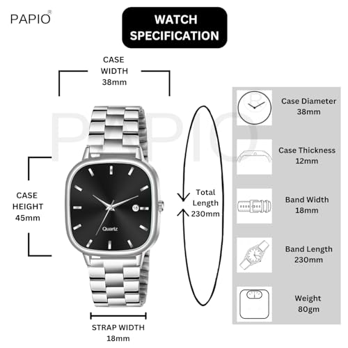 Image of PAPIO Analog Quartz Watch with Date Display | Silver Stainless Steel Strap | Square Dial Formal & Casual Wrist Watch for Men