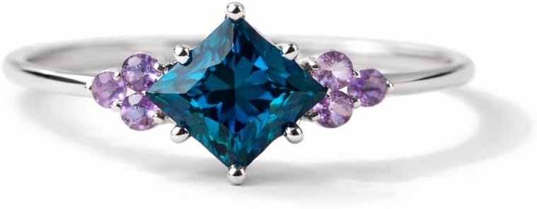 Princess Cut Teal Sapphire Ring for Women 925 Sterling Silver Vintage Inspired Engagement Ring with Purple Amethyst Accent Stones Dainty Statement Anniversary Jewelry Gift